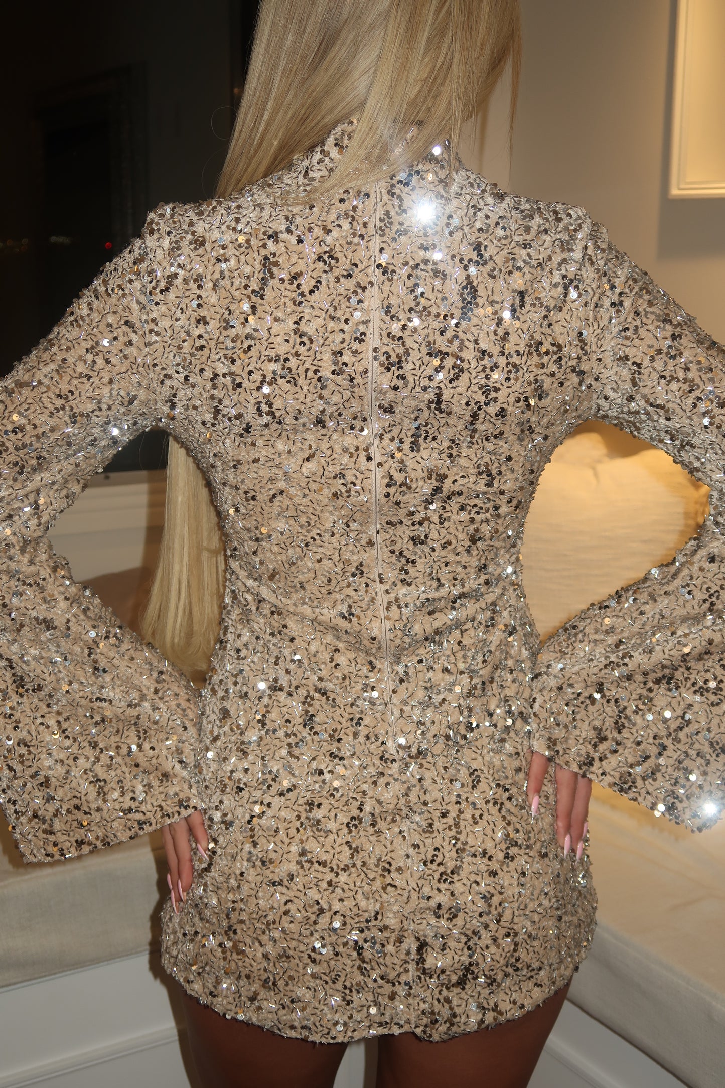 Cream flared sleeve sequins dress