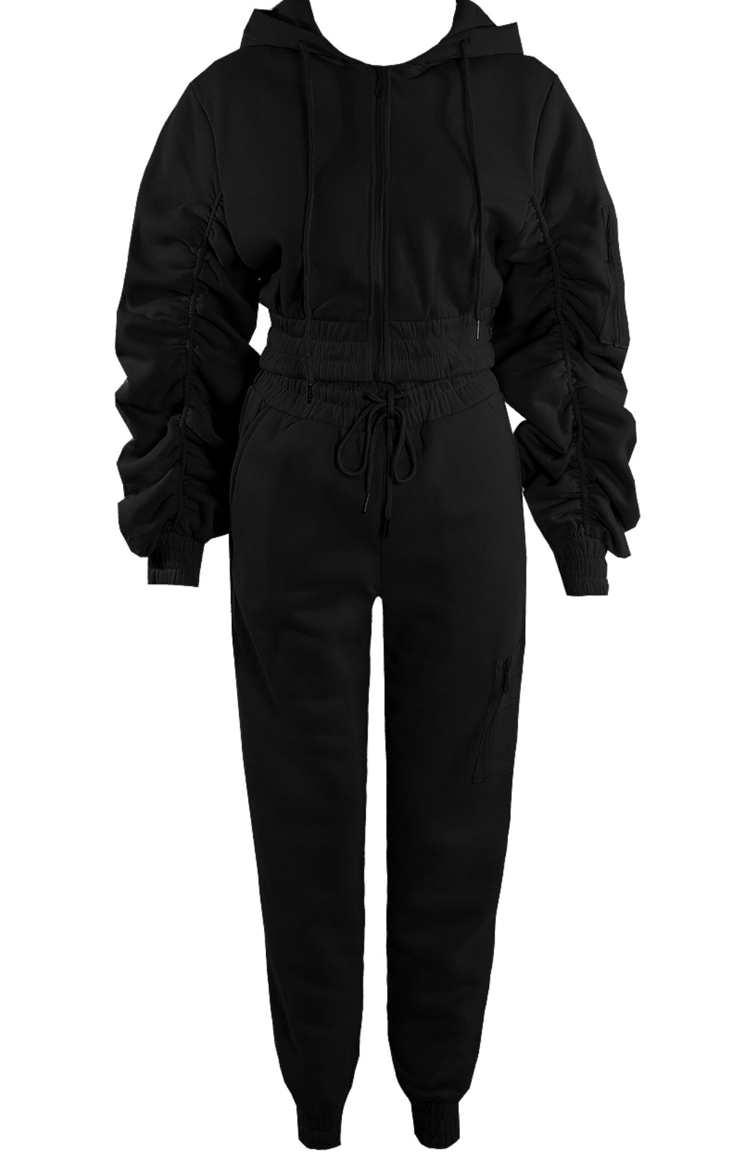 Black ruched sleeve tracksuit