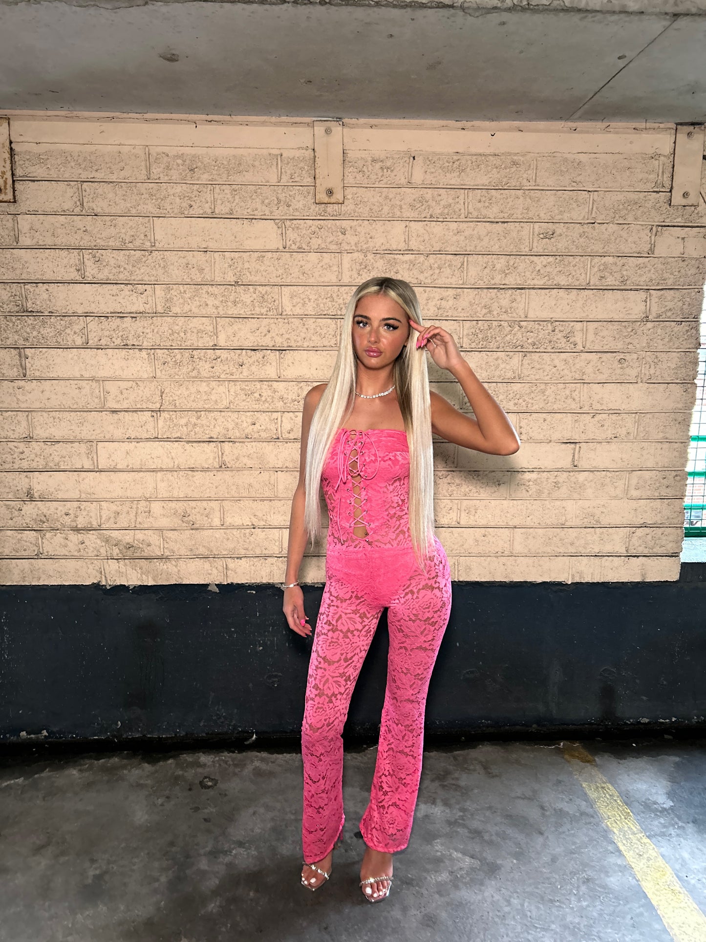 Pink lace tie front jumpsuit