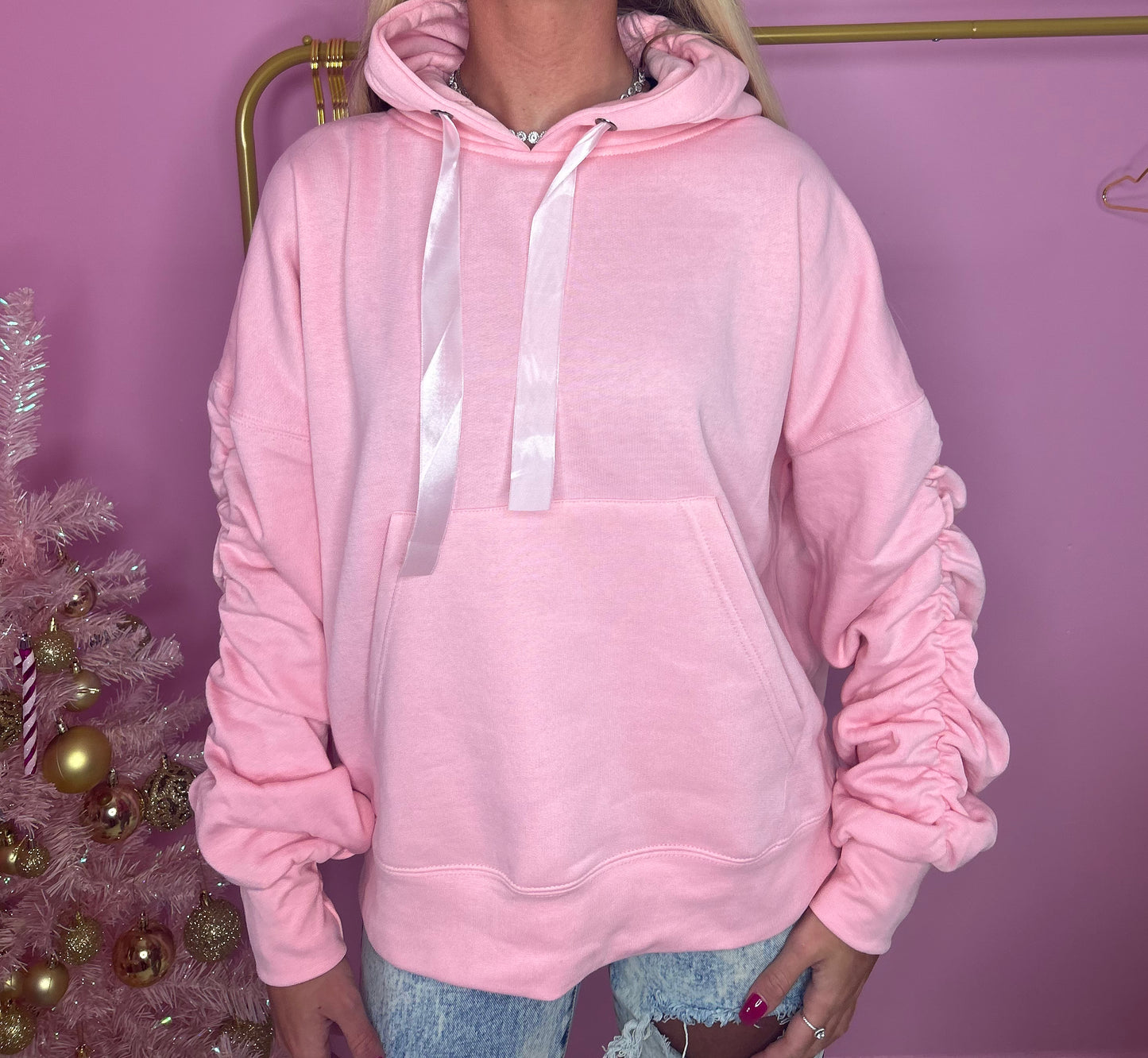Pink ruched sleeve ribbon hoodie