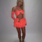 LIMITED EDITION HAND MADE AND DESIGNED IN HOUSE: Coral frilly Rara skirt top and sleeves three piece