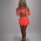 LIMITED EDITION HAND MADE AND DESIGNED IN HOUSE: Coral frilly Rara skirt top and sleeves three piece
