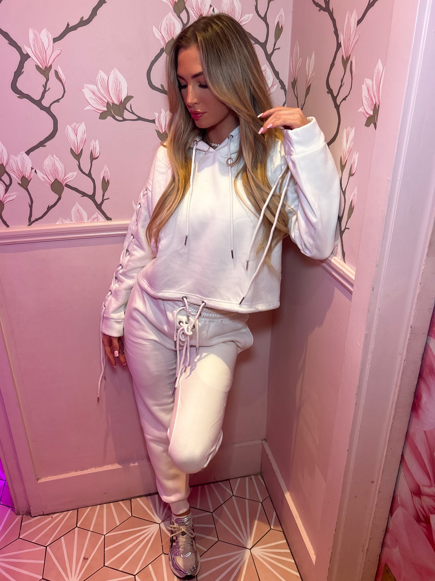 Off white Eyelet Lace Up Detail Hoodie & Jogger Fleece tracksuit