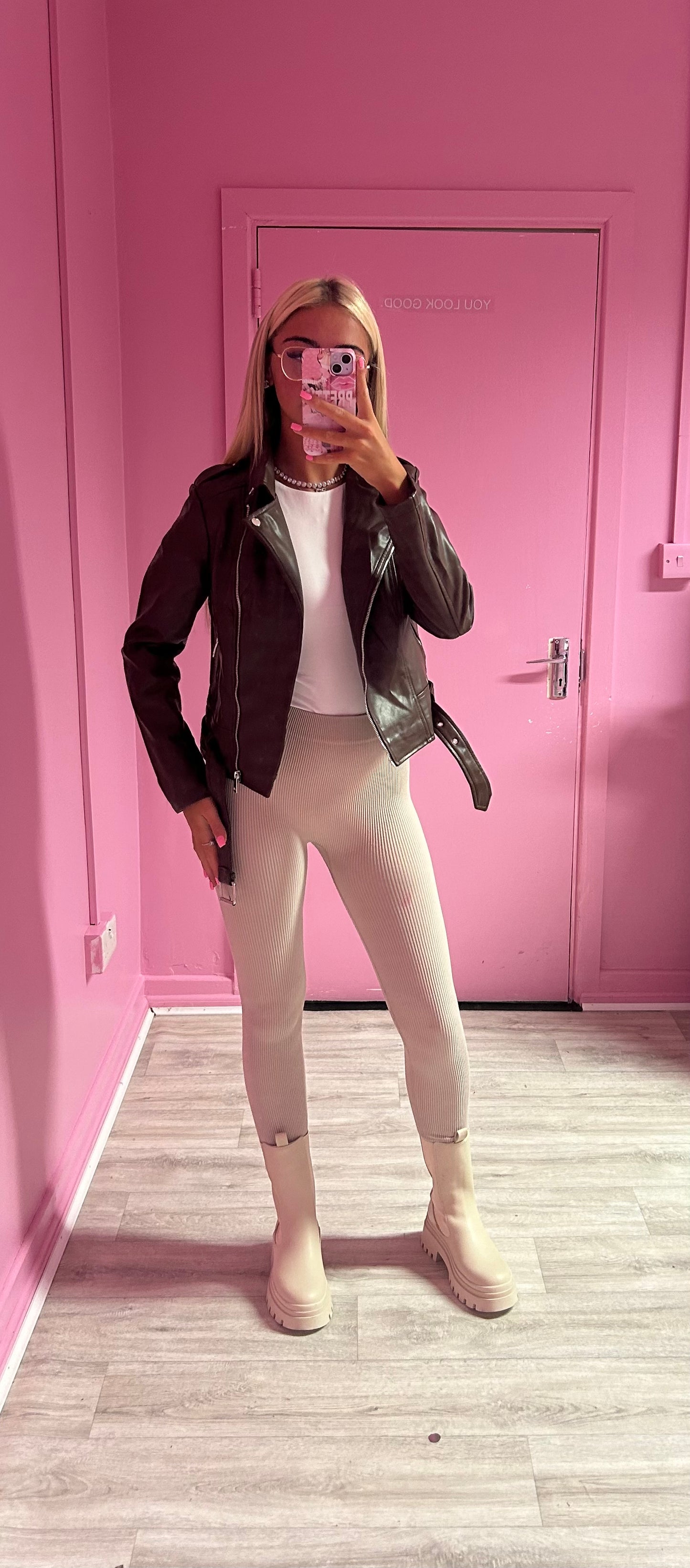 PU Brown belted biker jacket