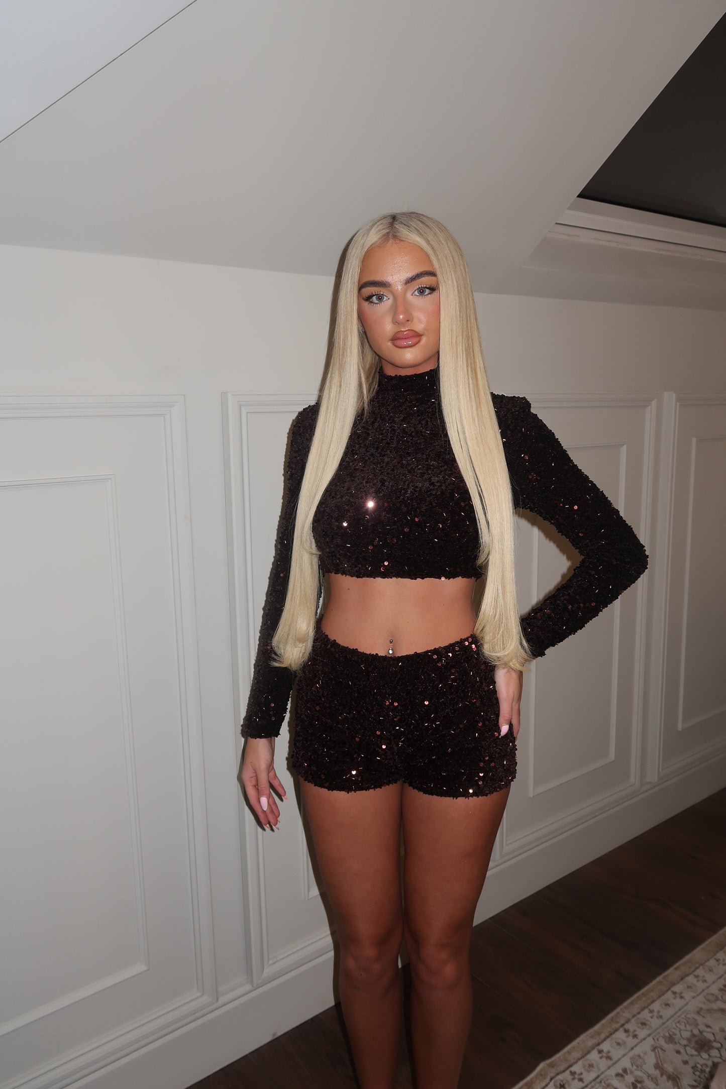 Dark brown sequins shorts
