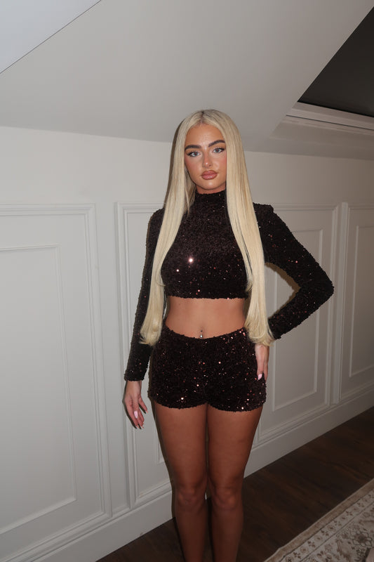 Dark brown sequins shorts