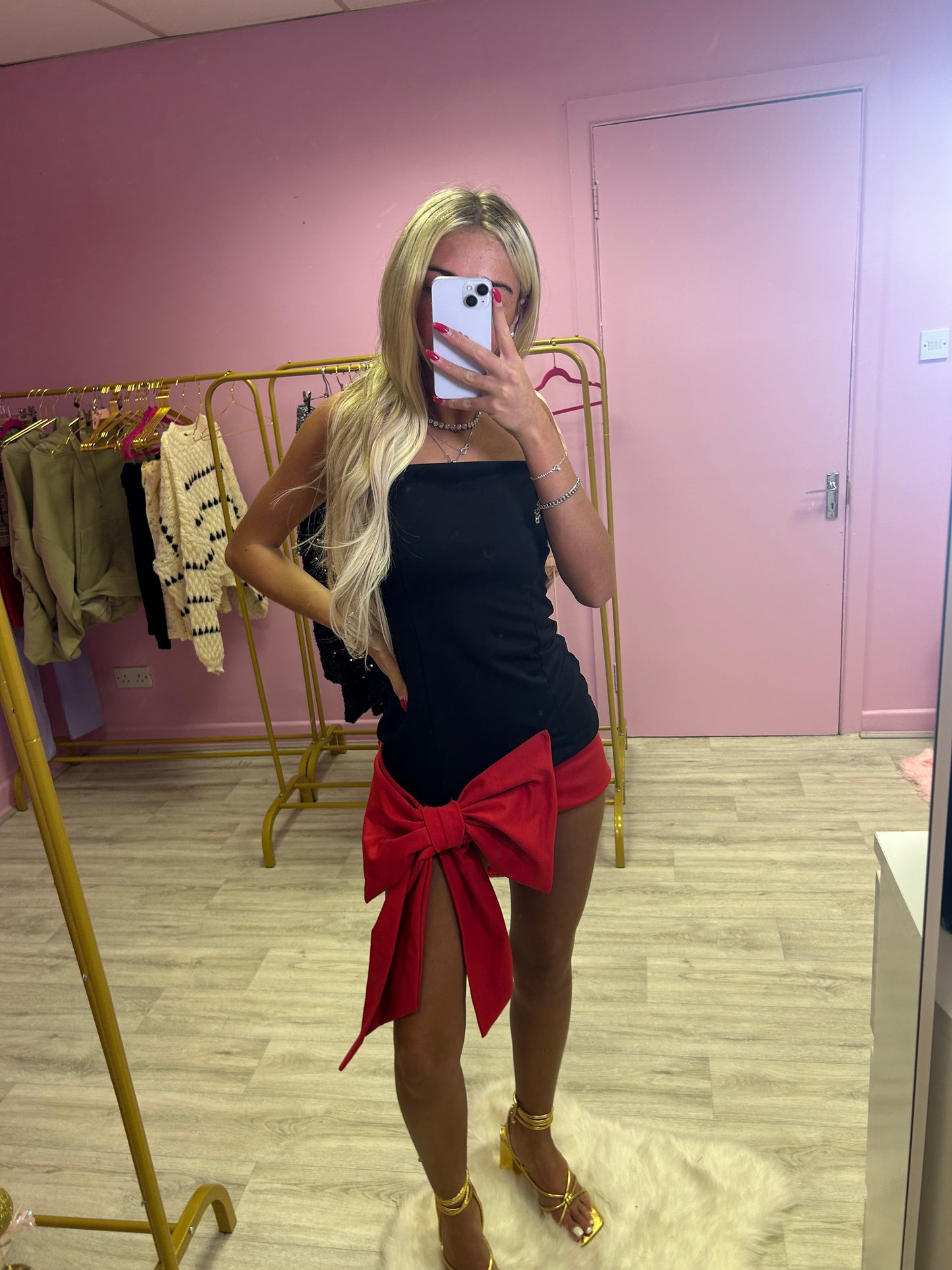 Black and red bow front mini dress