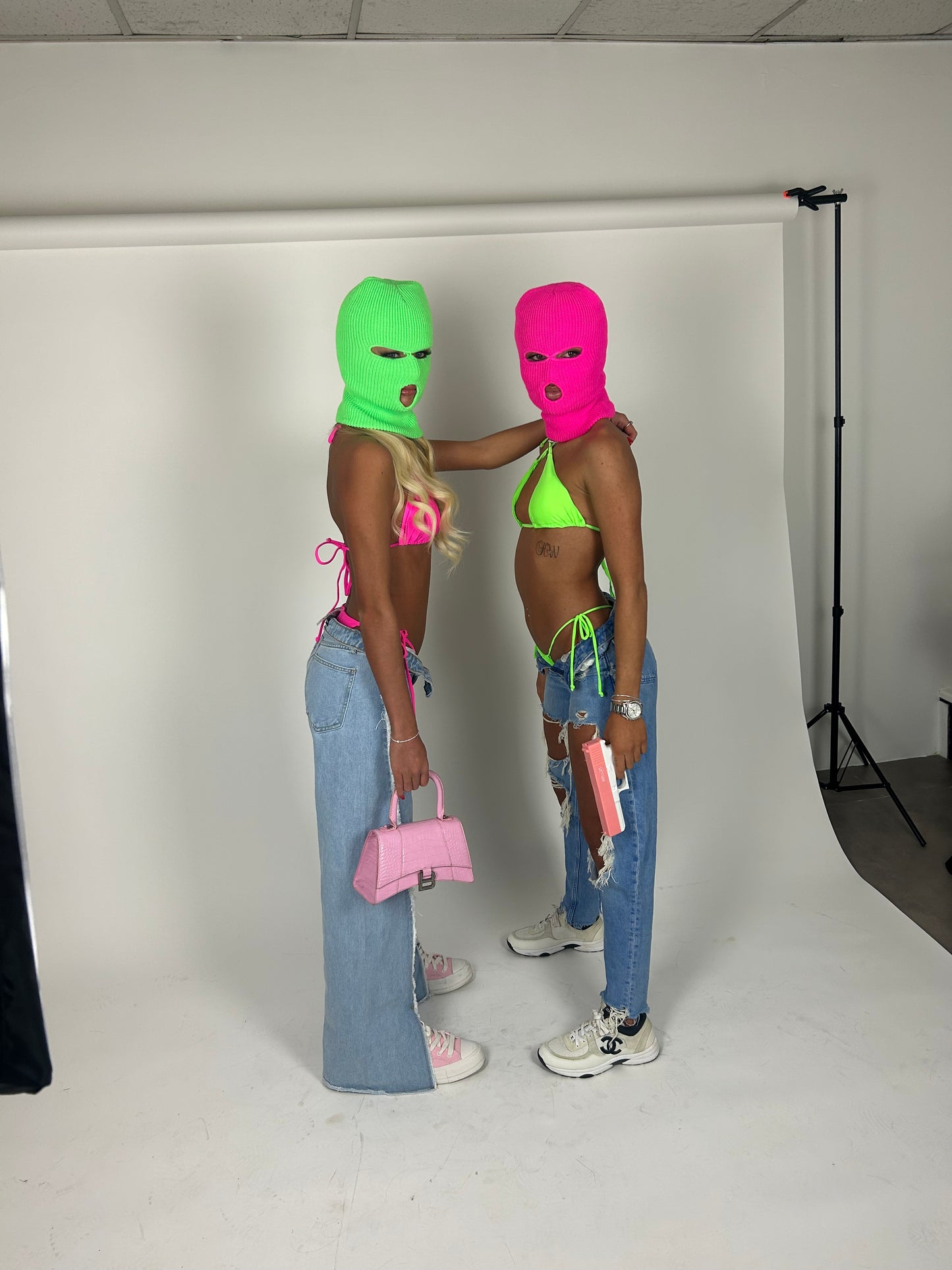 Green Balaclava and pink top