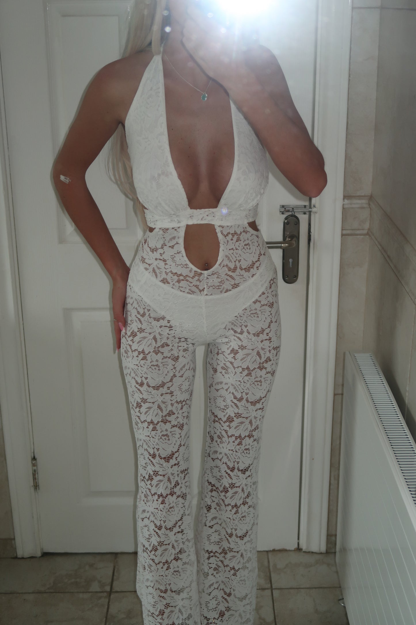 White lace cut out jumpsuit
