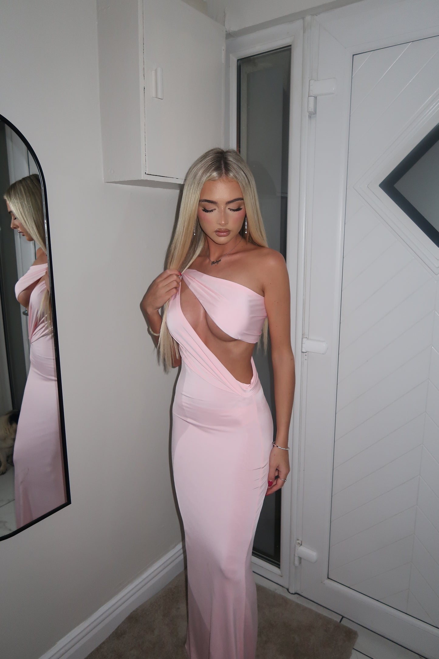 LIMITED EDITION HANDMADE & DESIGNED IN HOUSE: pink slinky ‘Robyn’ midi dress