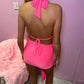 Pink Slinky Halter Neck Top & Skirt Co-ord With Tie Knot Drape Detail