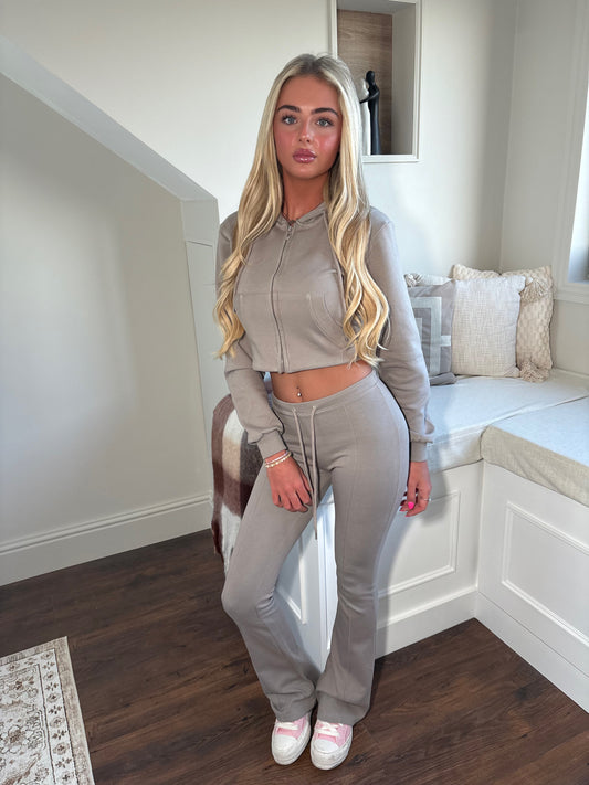 Taupe cropped zip hoodie and bell bottom trouser set