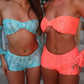 LIMITED EDITION HAND MADE AND DESIGNED IN HOUSE: Coral shorts, top, sleeves and neck choker 4 piece