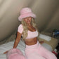LIMITED EDITION HAND MADE AND DESIGNED IN HOUSE: ‘Charleen’ pink crop top and ruched flared bottoms