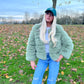 Luxury sage green 3/4 sleeve faux fur coat
