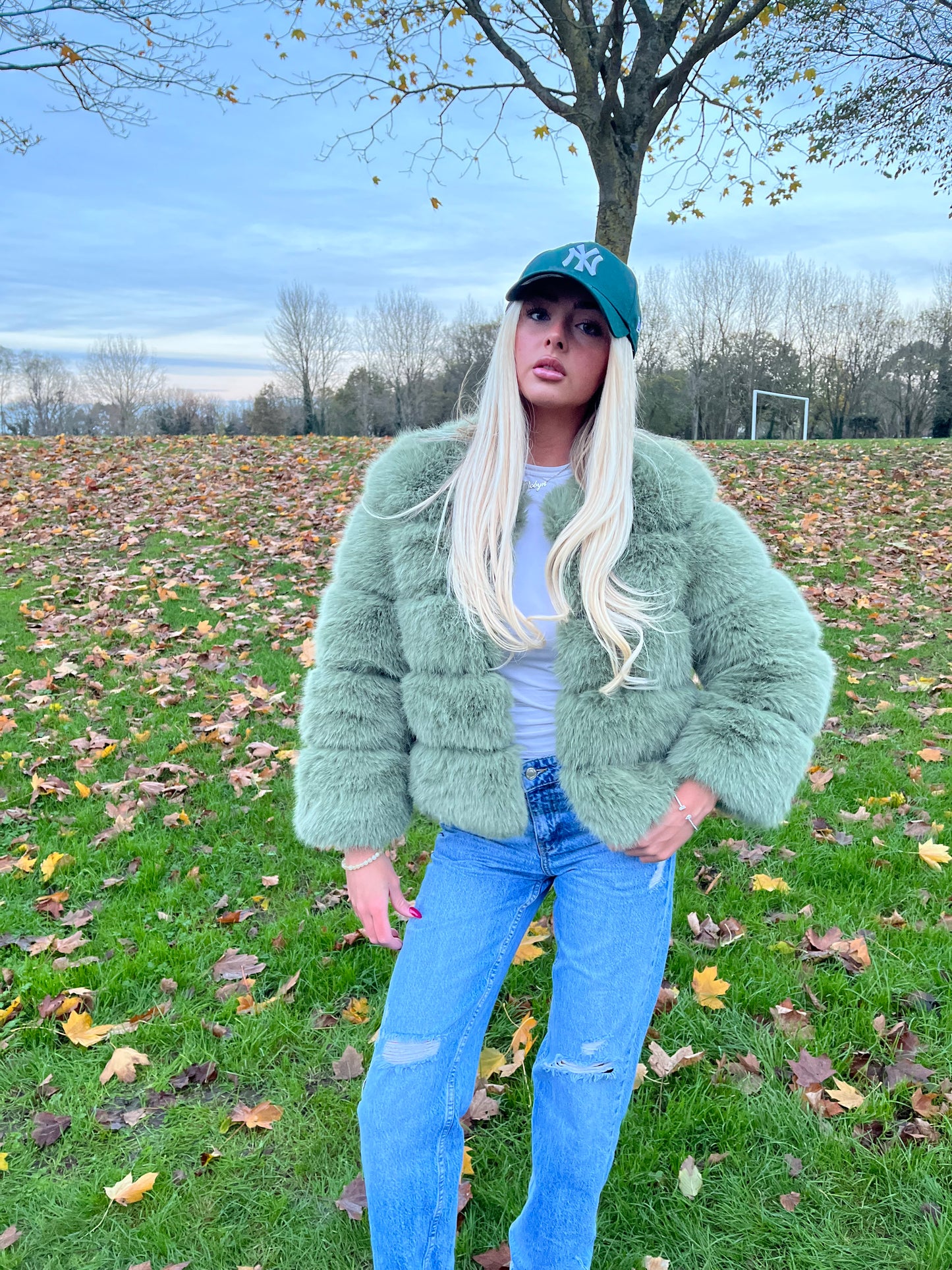 Luxury sage green 3/4 sleeve faux fur coat