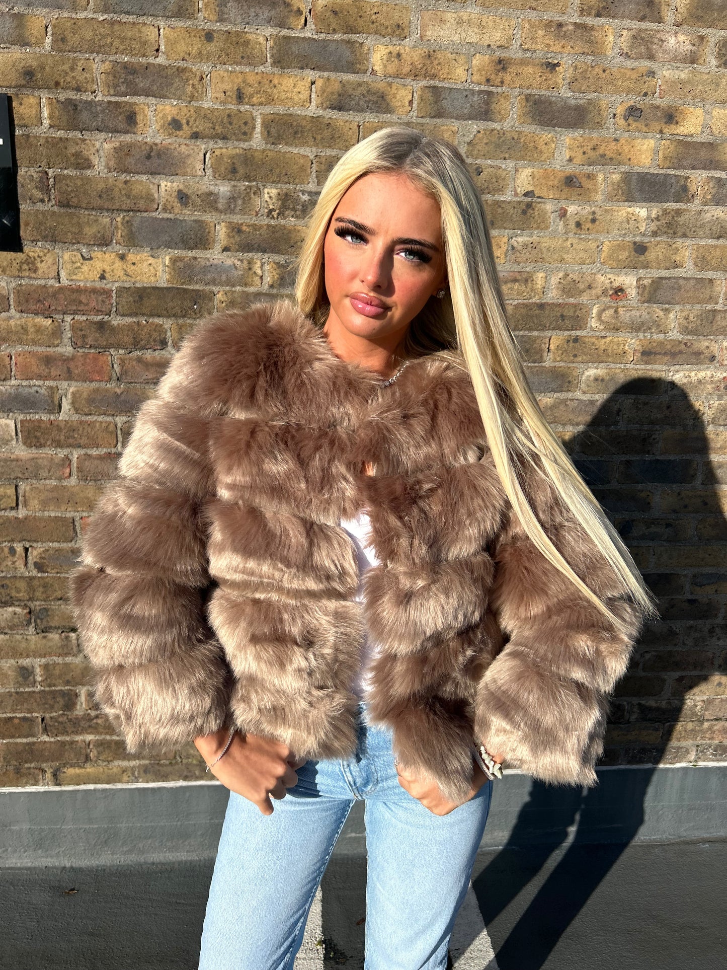Brown faux fur 3/4 sleeve coat