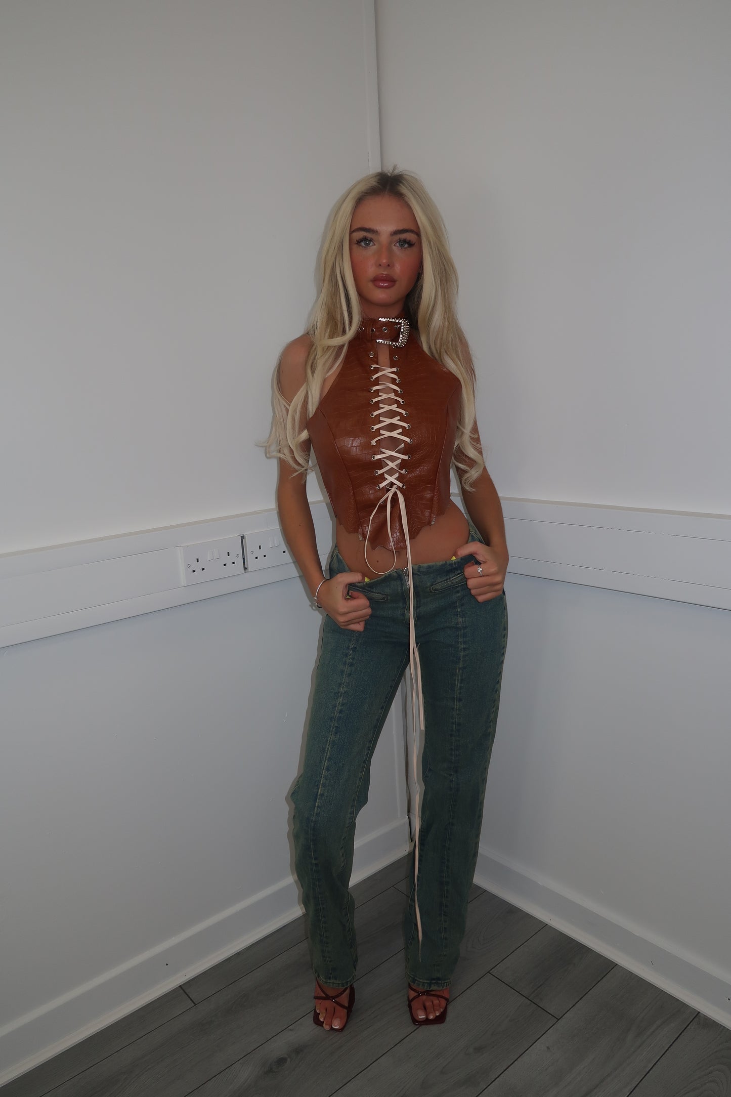 Buckle choker lace up halter top