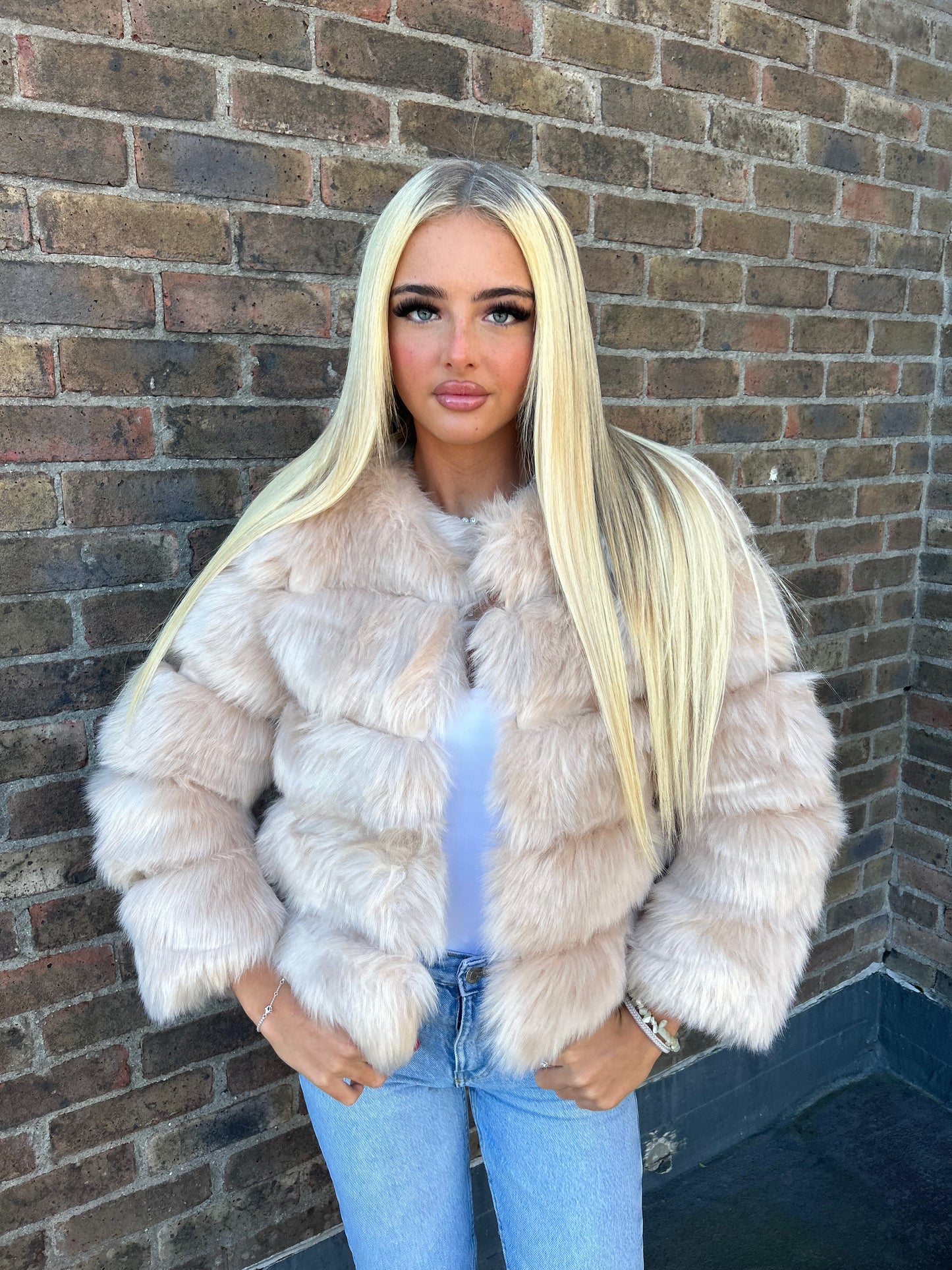 PRE ORDER Cream Faux fur 3/4 length sleeve fur coat