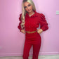 Red puff sleeve top and trousers set