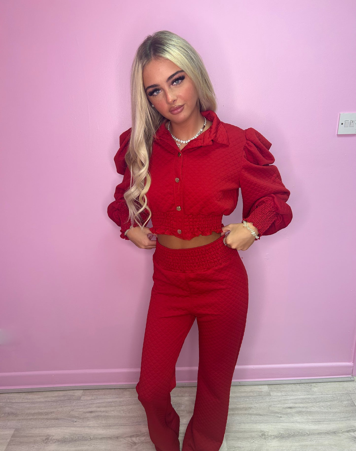 Red puff sleeve top and trousers set