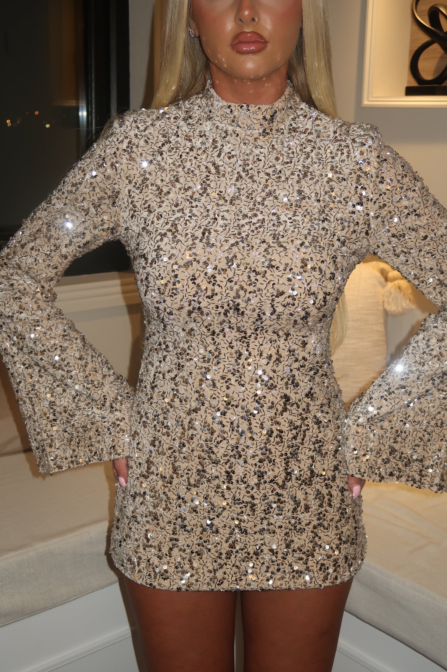 Cream flared sleeve sequins dress