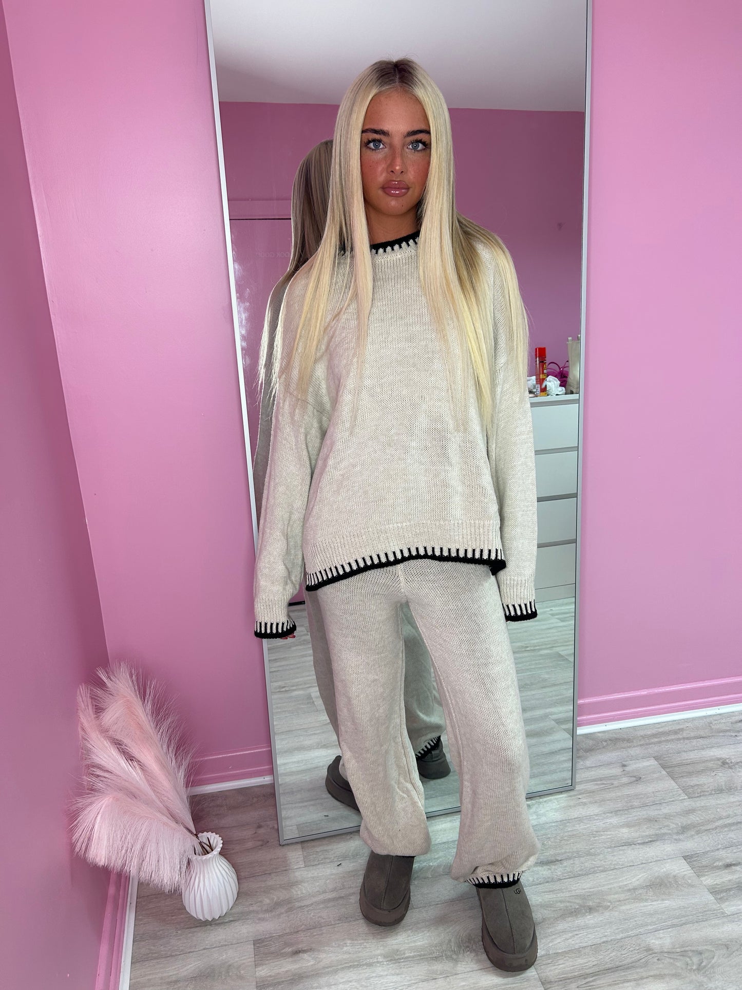 Contrast knitted jumper and wide leg trouser set