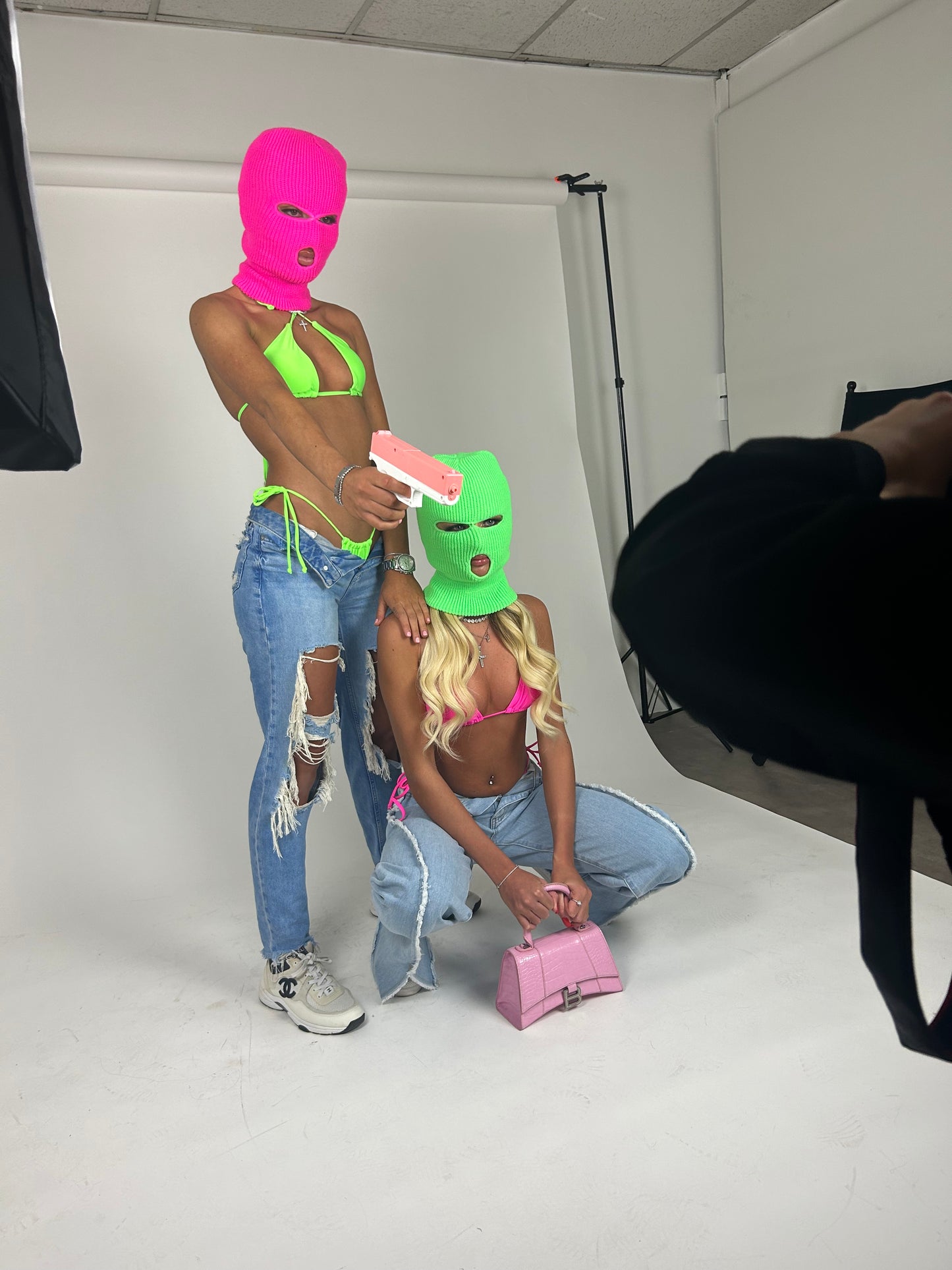 Green Balaclava and pink top