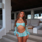 LIMITED EDITION HAND MADE AND DESIGNED IN HOUSE: Blue top, shorts, neck choker and sleeves 4 piece