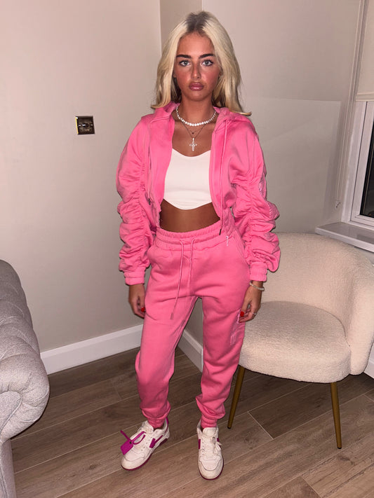 Pink ruched sleeve tracksuit