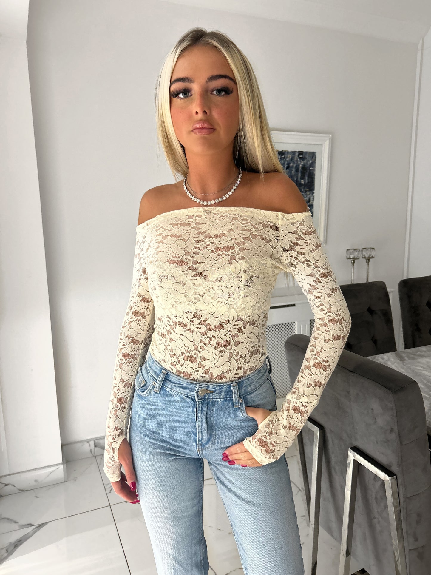 Off white off the shoulder lace top