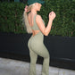 Khaki cut out back ruched push-up jumpsuit