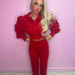 Red puff sleeve top and trousers set