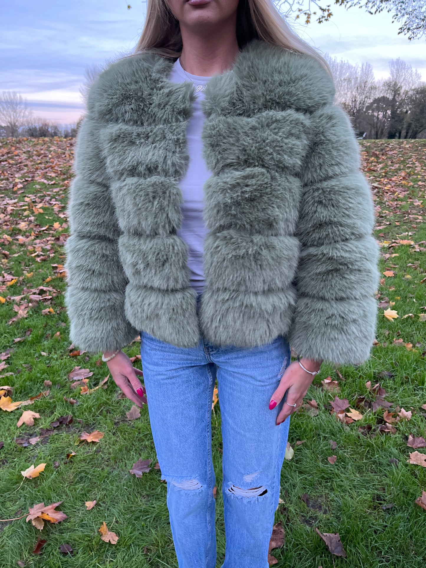 Luxury sage green 3/4 sleeve faux fur coat