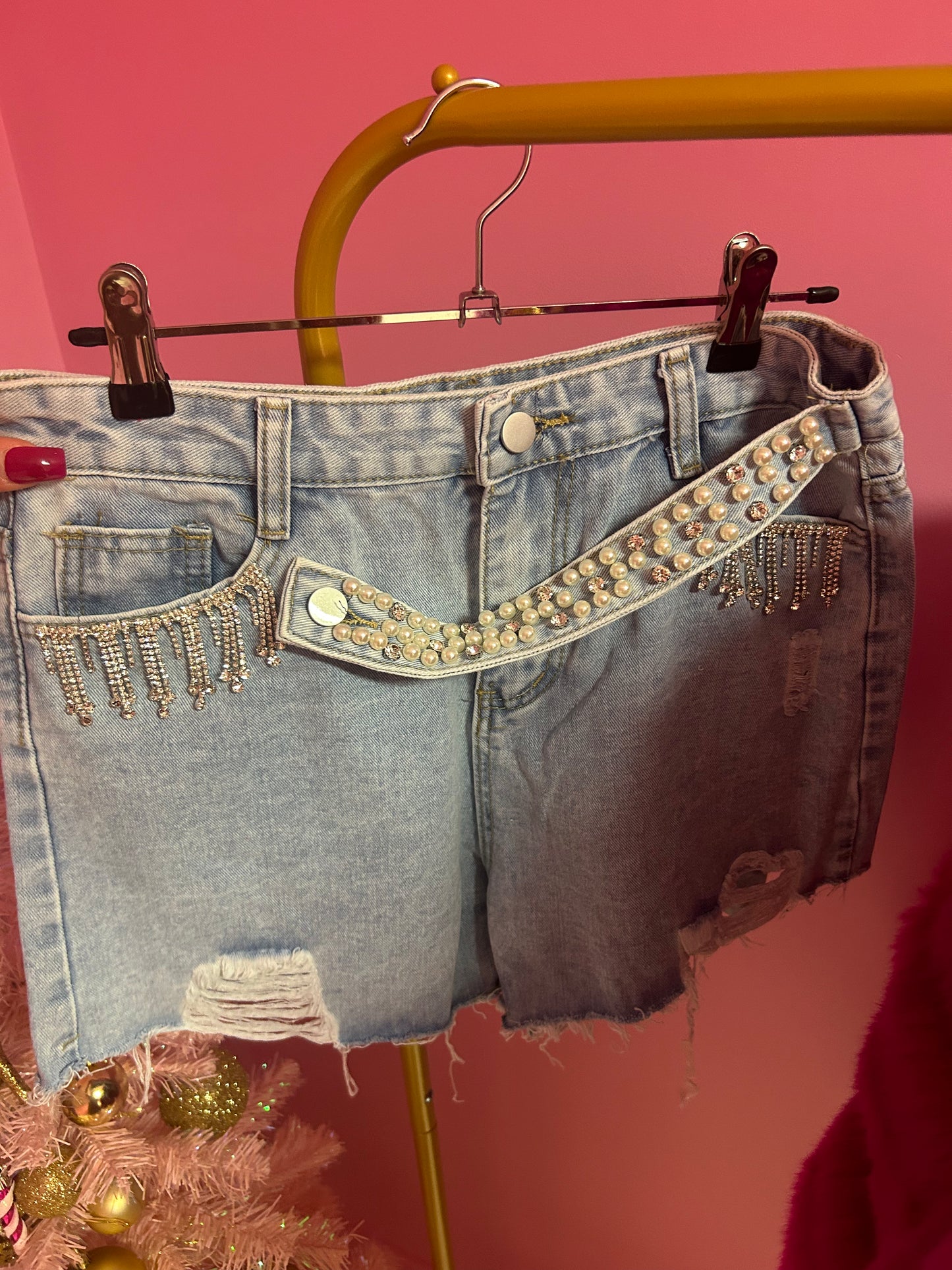 Denim pearl tassel shorts
