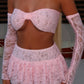 LIMITED EDITION HAND MADE AND DESIGNED IN HOUSE: Baby pink frilly Rara skirt top and sleeves three piece