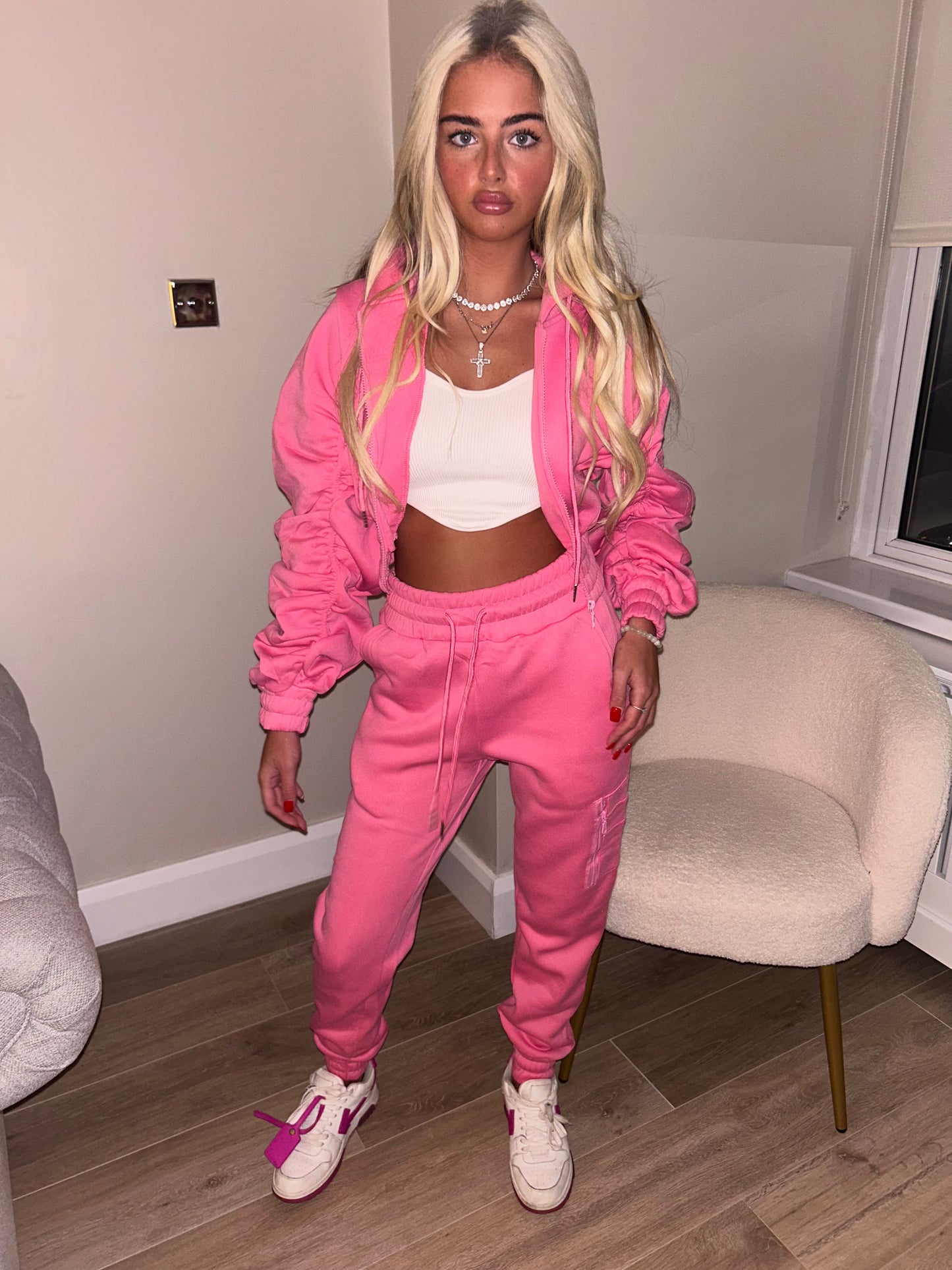 Pink ruched sleeve tracksuit