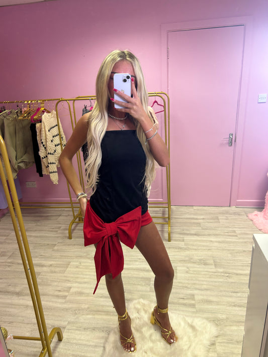 Black and red bow front mini dress
