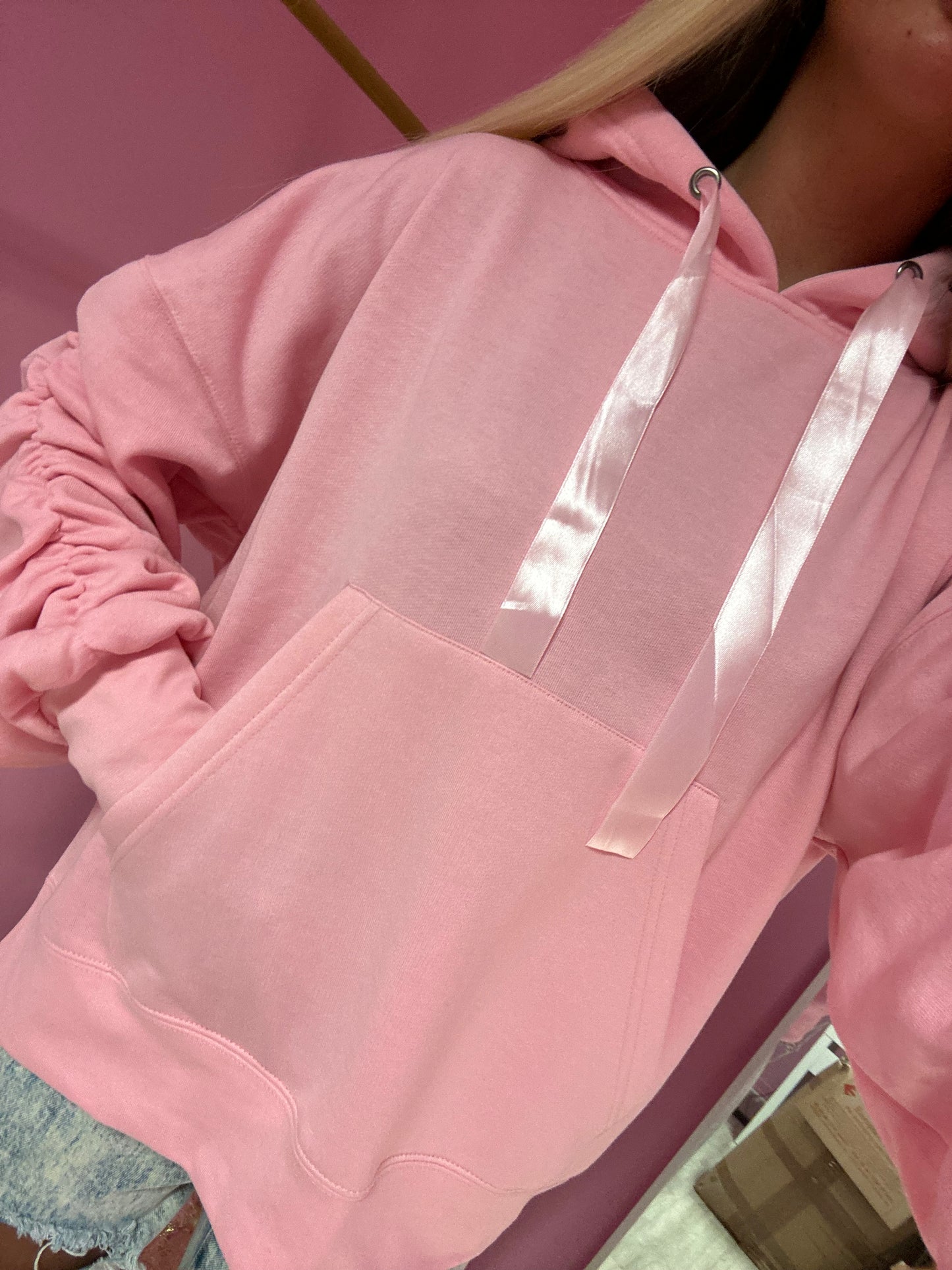 Pink ruched sleeve ribbon hoodie