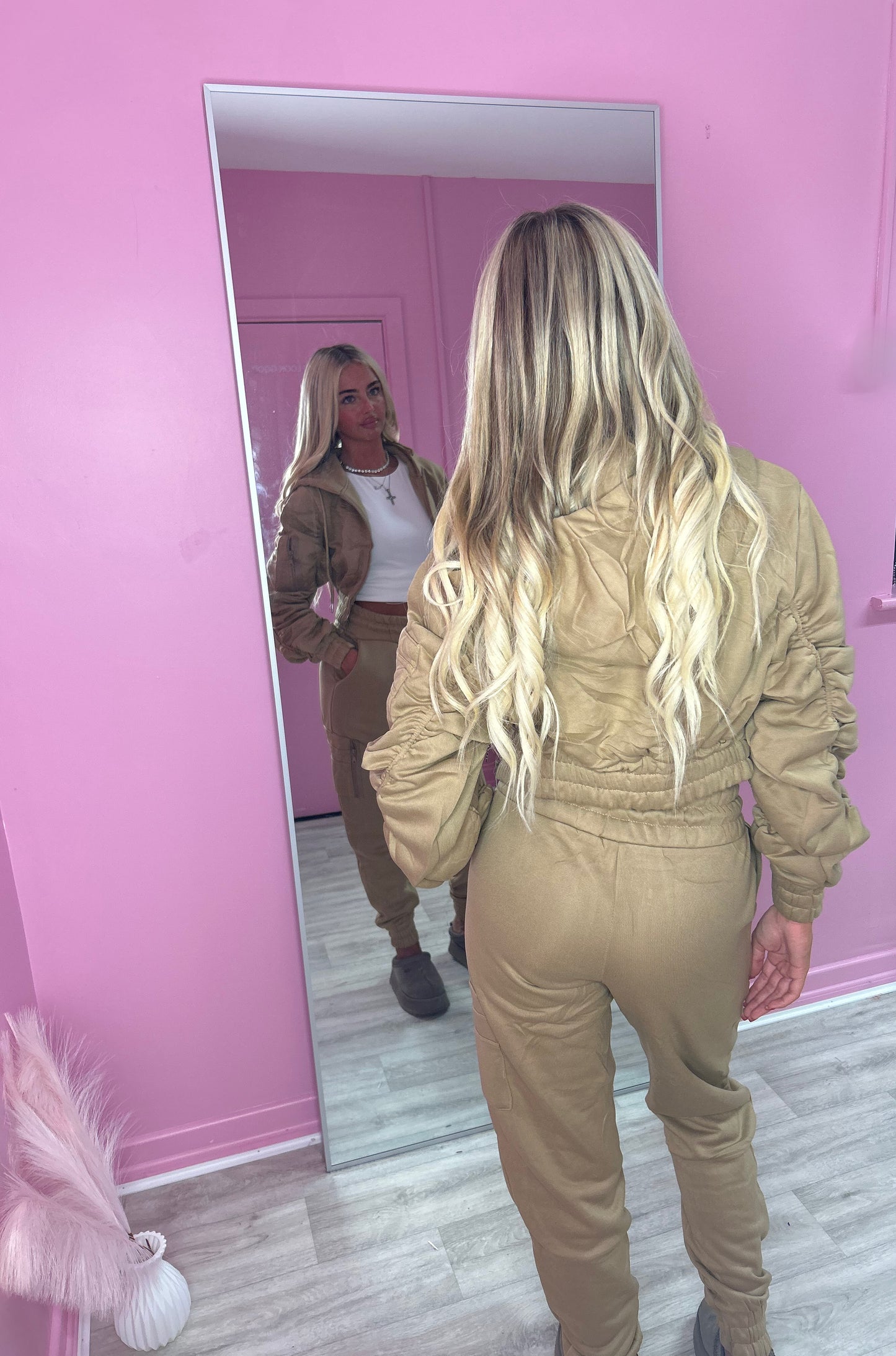 Taupe ruched sleeve tracksuit