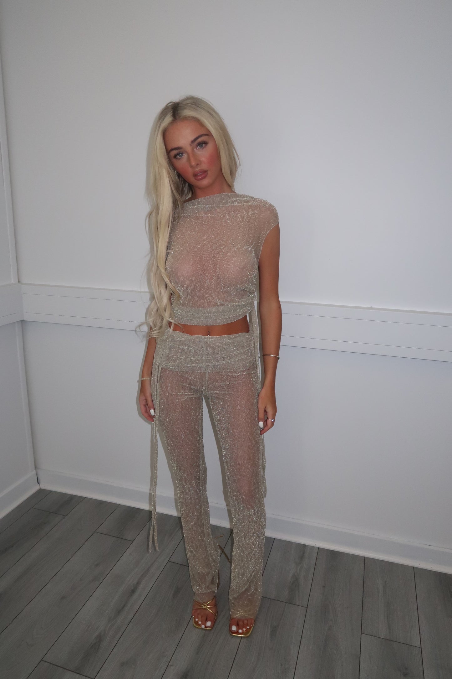 Gold mesh top and ruched bottoms co-ord