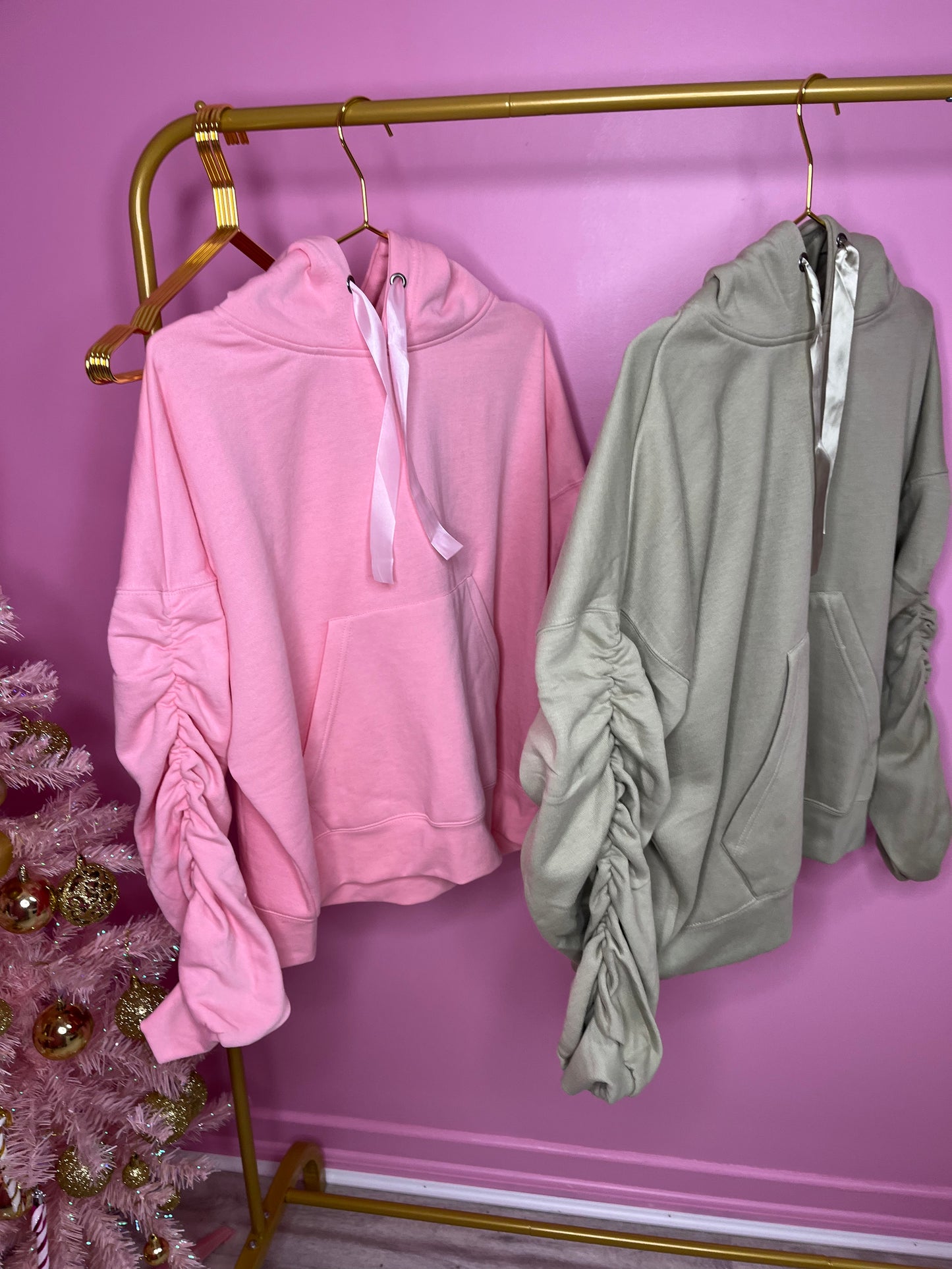 Sage green ruched sleeve ribbon hoodie