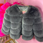 Dark charcoal grey NEW luxury faux fur coat 3/4 sleeve