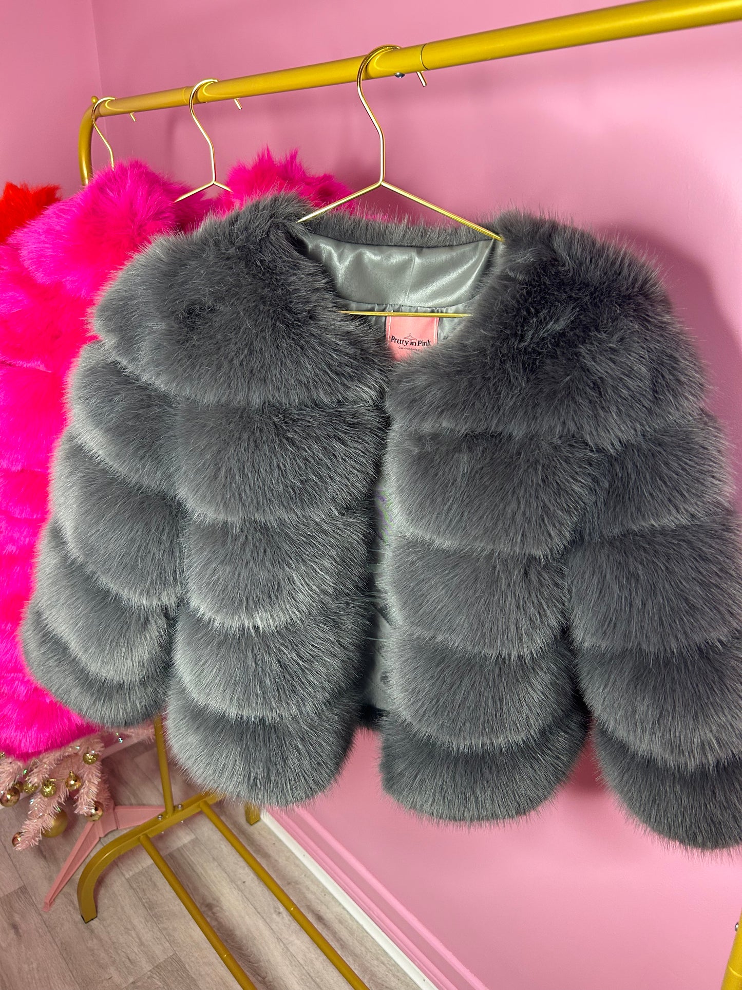 PRE ORDER Dark charcoal grey NEW luxury faux fur coat 3/4 sleeve