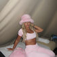LIMITED EDITION HAND MADE AND DESIGNED IN HOUSE: ‘Charleen’ pink crop top and ruched flared bottoms