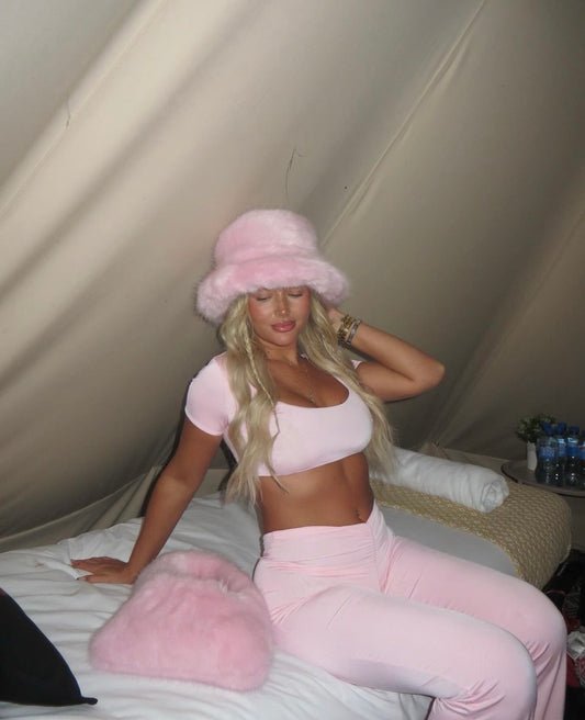 LIMITED EDITION HAND MADE AND DESIGNED IN HOUSE: ‘Charleen’ pink crop top and ruched flared bottoms