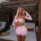 LIMITED EDITION HAND MADE AND DESIGNED IN HOUSE: Baby pink frilly Rara skirt top and sleeves three piece