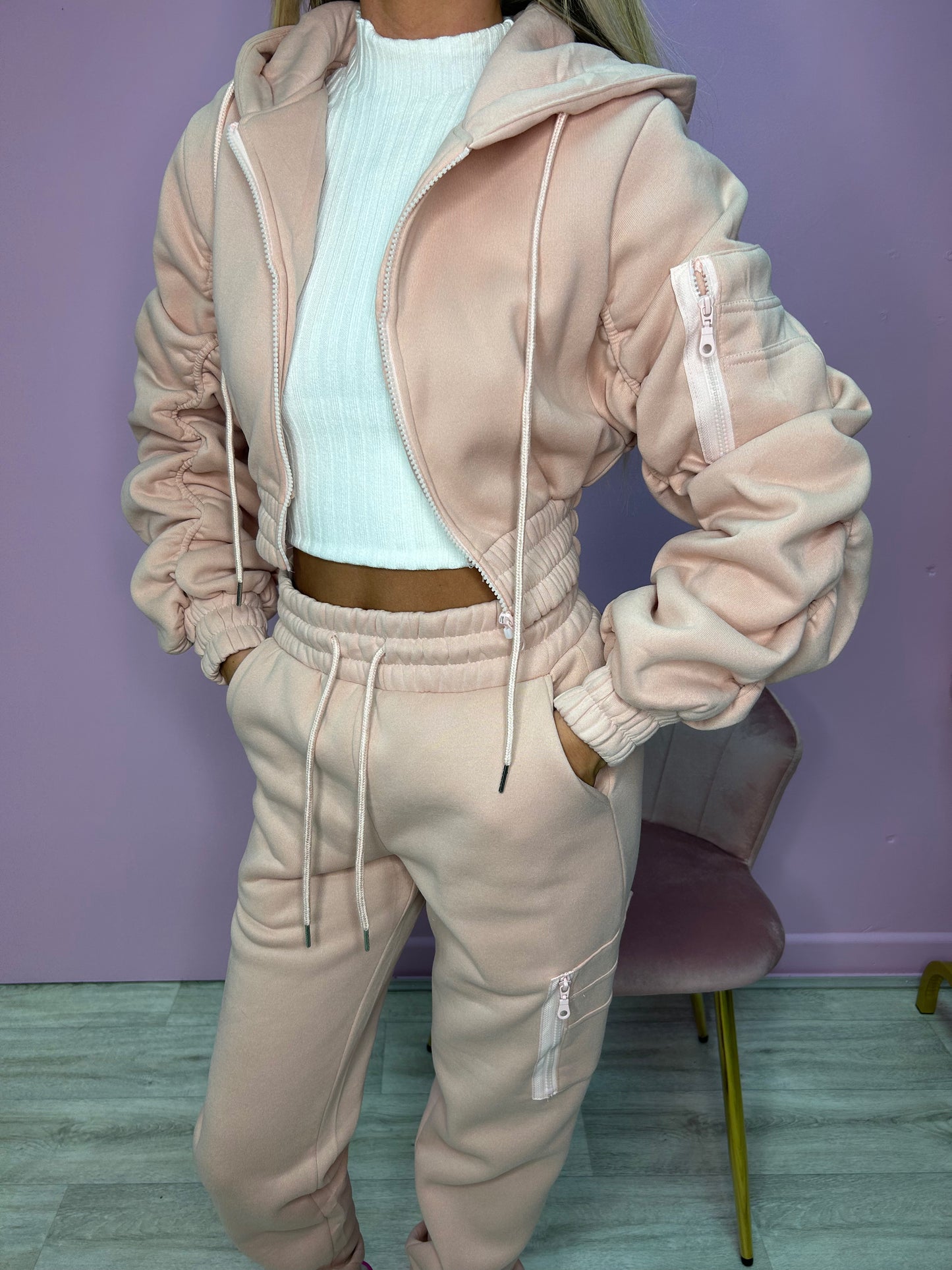 Blush pink ruched sleeve tracksuit
