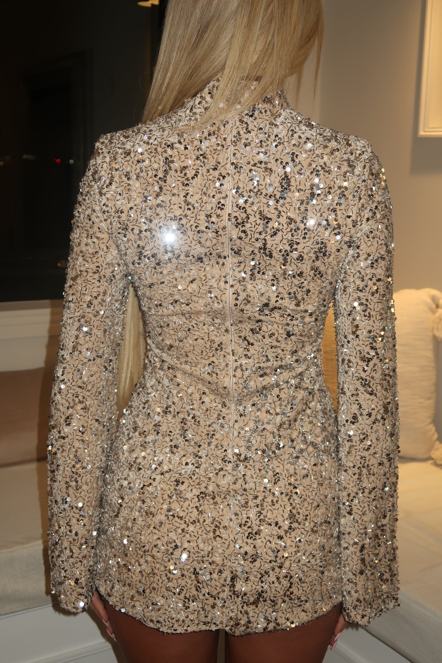 Cream flared sleeve sequins dress