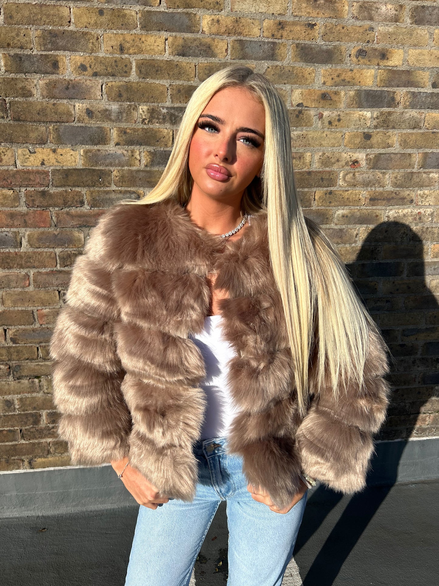Brown faux fur 3/4 sleeve coat